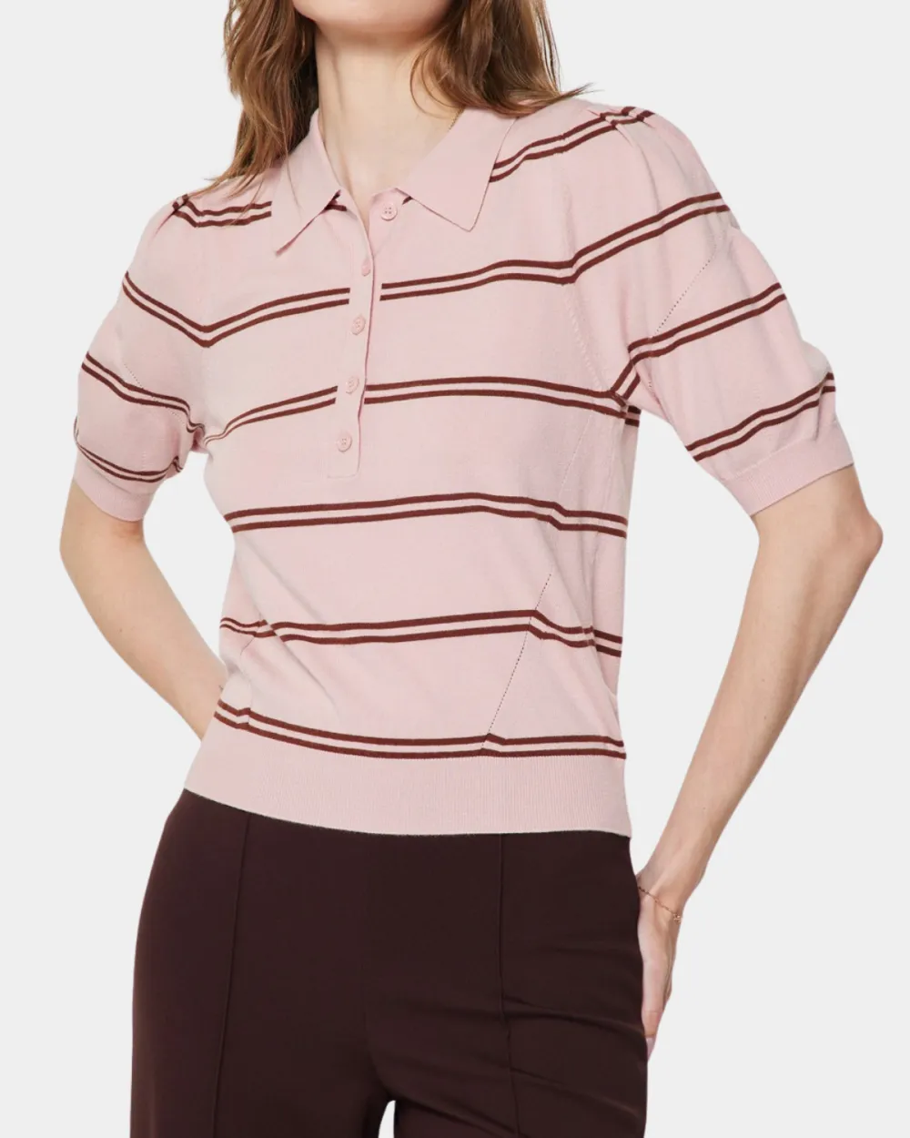 Striped Polo Knit Top - Dusty