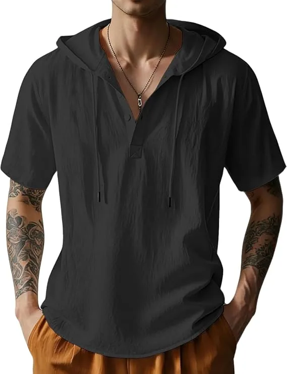 Men's Cotton Linen Short Sleeve Hooded Shirt