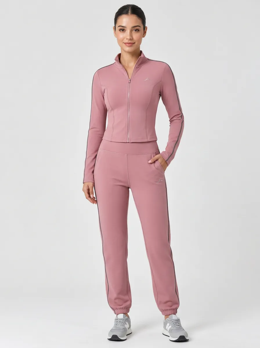 Women's Dusty Rose Zip-Up Jacket & Jogger Set with Contrast Piping