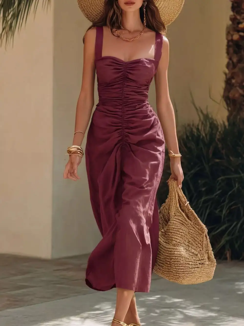 Ruched Sweetheart Neck Midi Dress