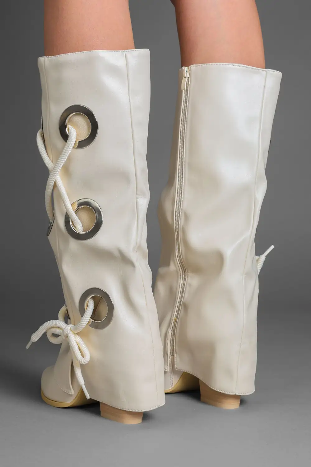 Classic Fold-Over Lace Detail Pointed Toe Faux Leather Knee High Boots