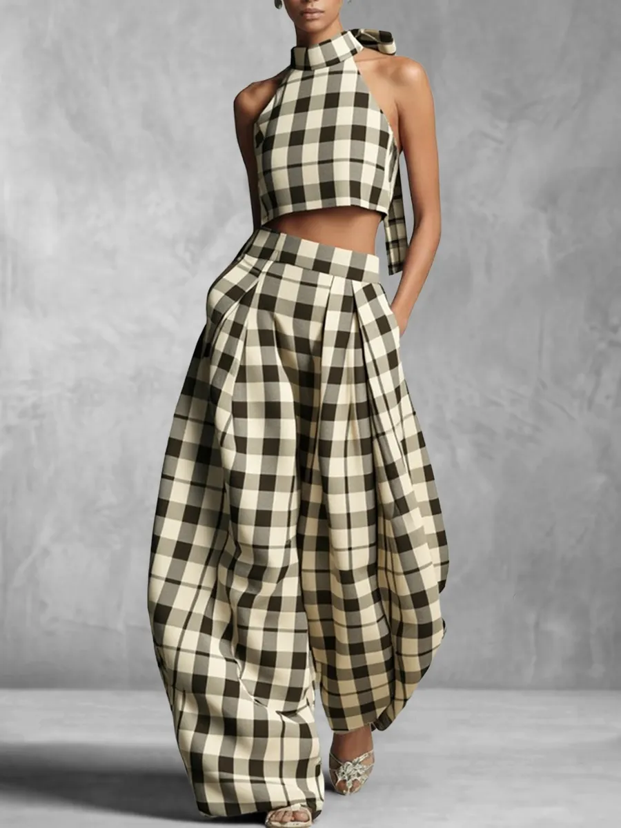 Plaid Print Blouse And Pants Set