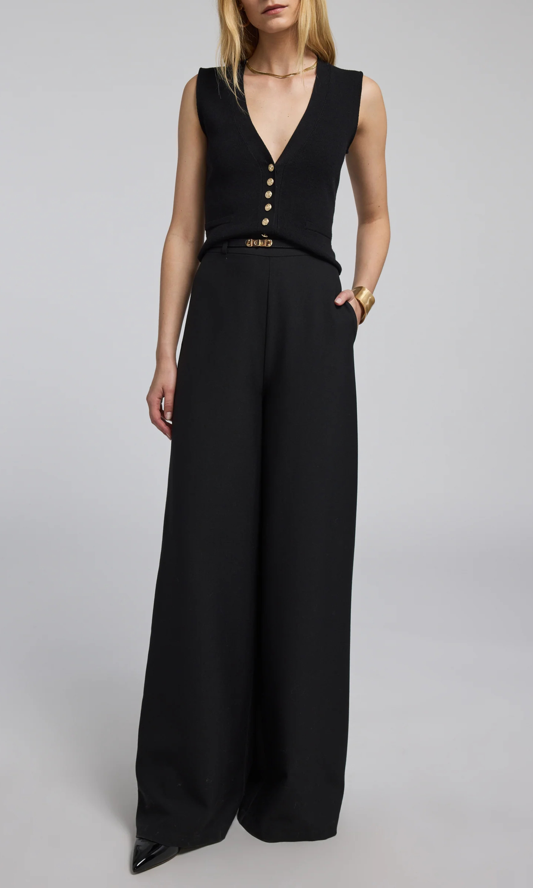 Black Drop Button Wide Leg Trousers