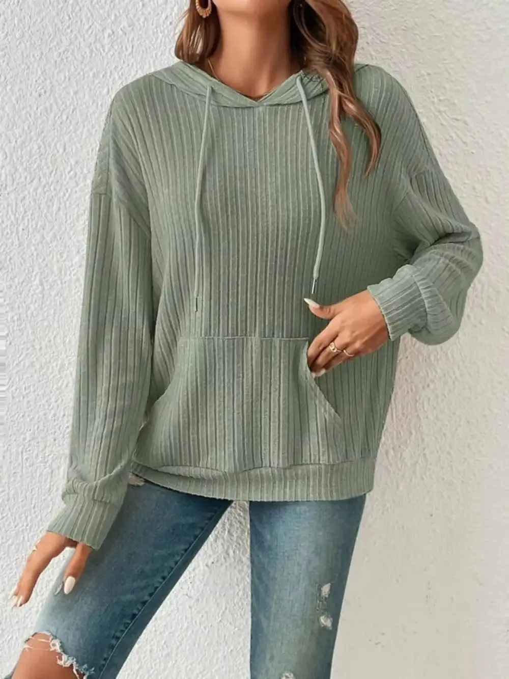 Casual Ribbed Knit Drawstring Hoodie