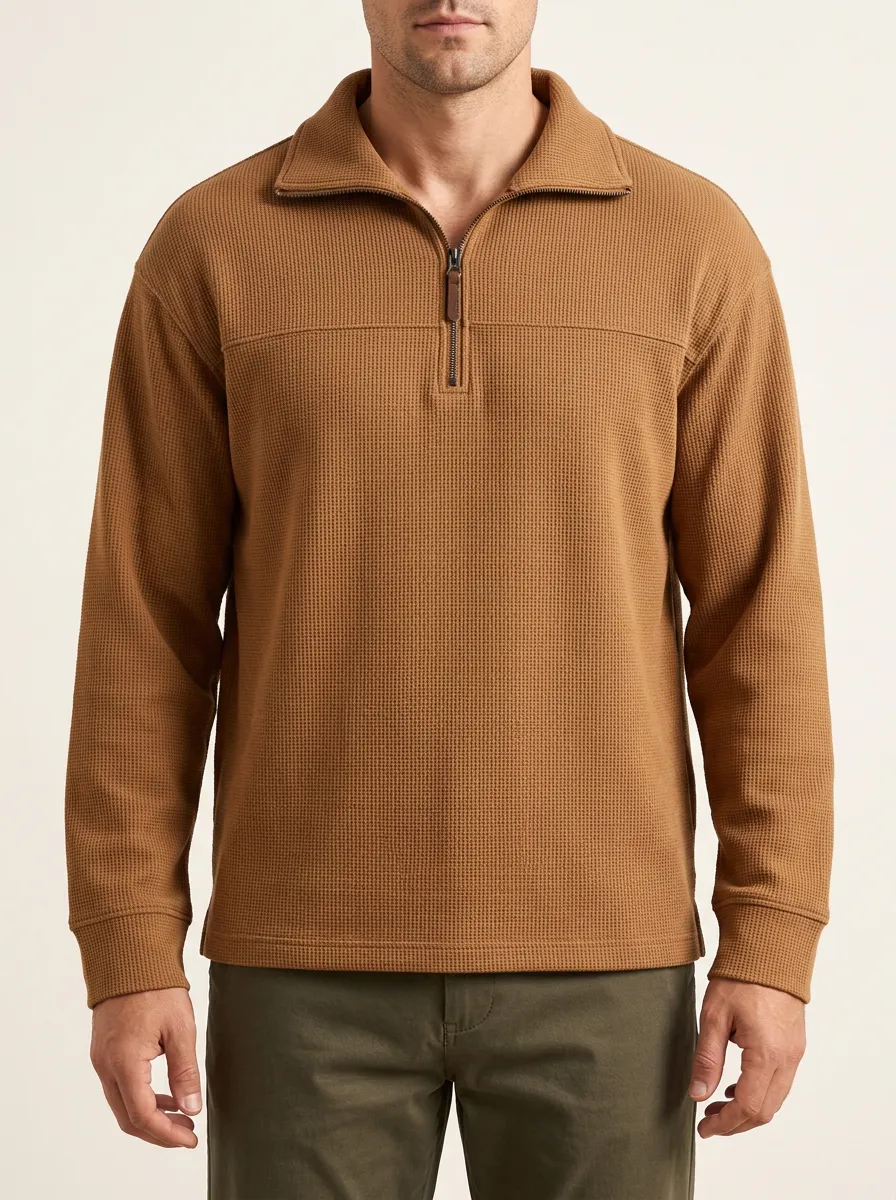 Comfort-Look Sweatshirt with Waffle Knit Finish and Quarter-Zip Front