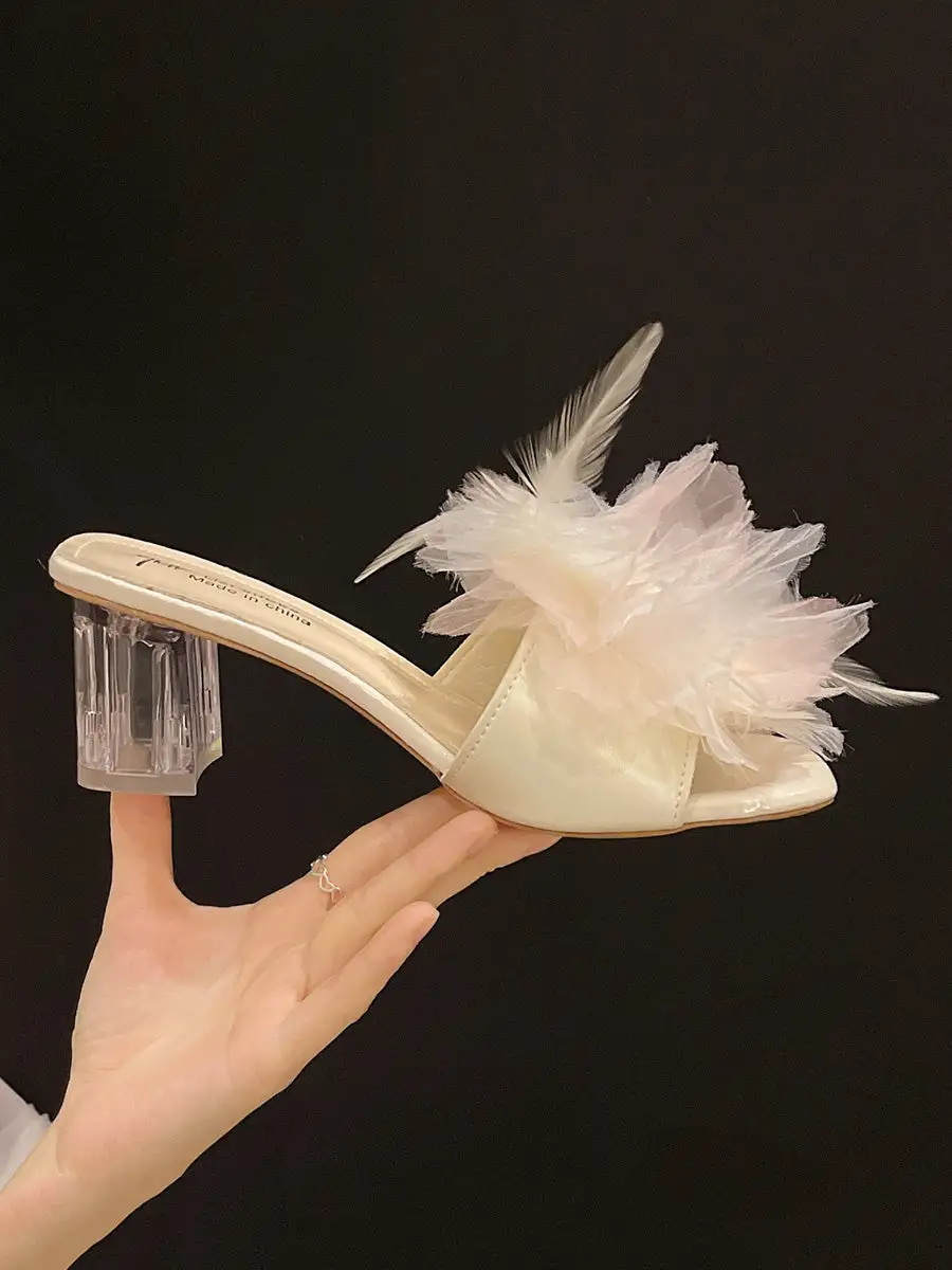 Square Heel Feather Open-Toe Dimensional Floral Heeled Sandals