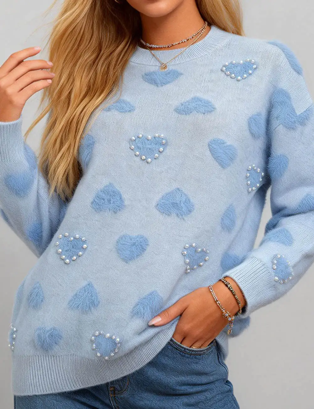 Valentine Heart Pattern Round Neck Bead Sweater