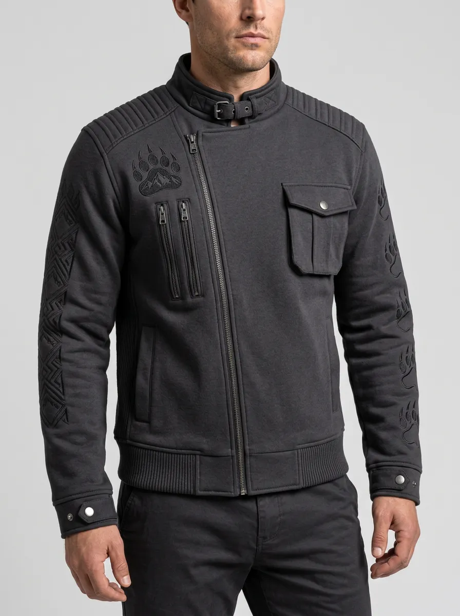 Men's Bear-Paw Stand-Collar Embroidered Denim-Look Jacket