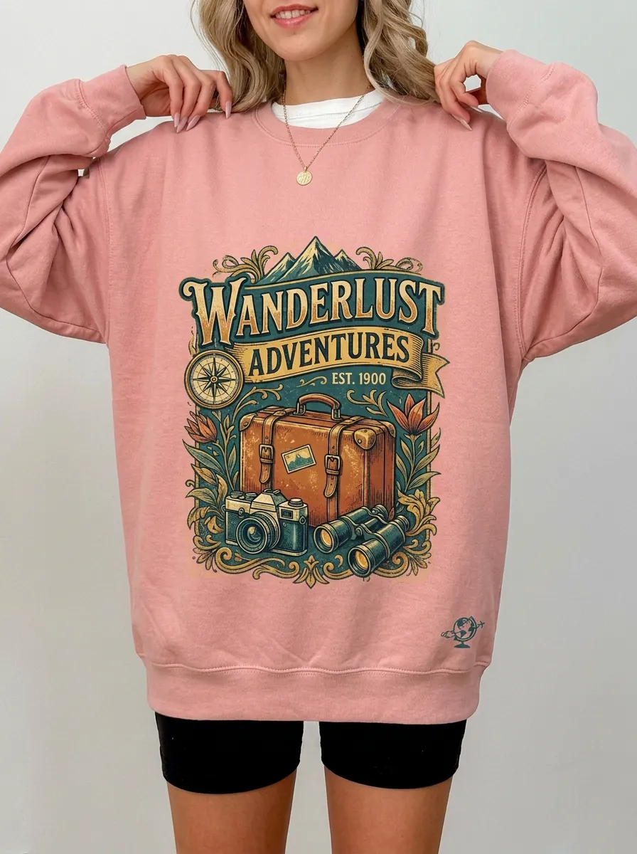 Women's Wanderlust Adventure Travel Camera Graphic Crewneck Sweatshirt