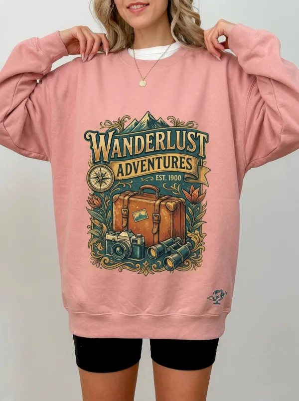 Women's Wanderlust Adventure Travel Camera Graphic Crewneck Sweatshirt