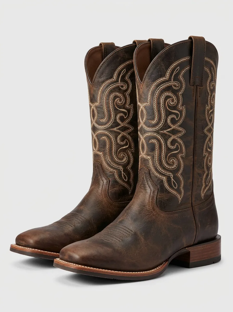 Men's Western Tonal-Embroidery Square-Toe Mid-Calf Pull-Tab Straight-Leg Cowboy Boots