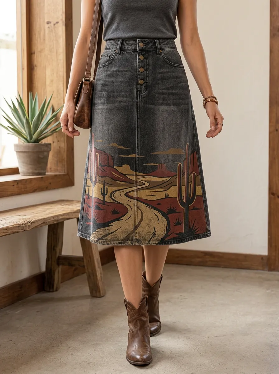 Women's Western Desert Lover Cactus Landscape Printed Midi Skirt