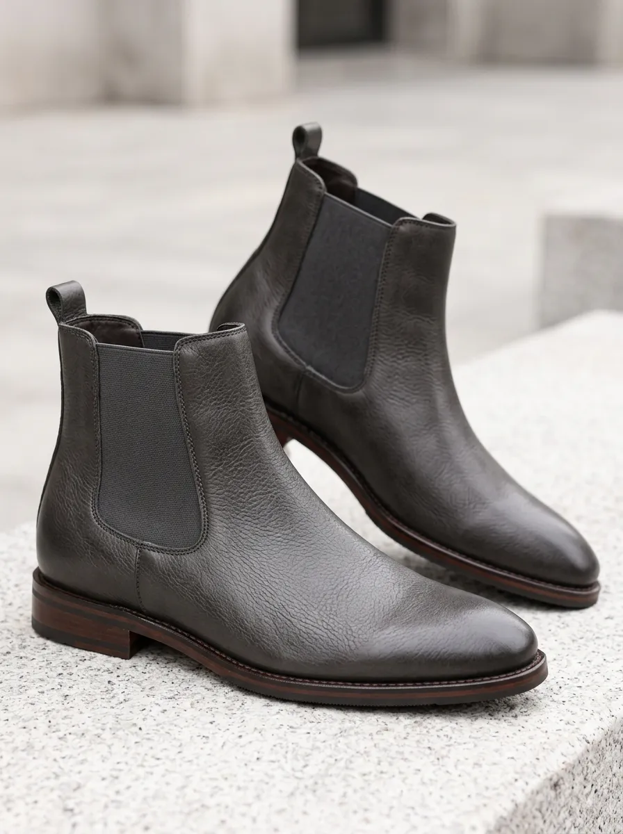 Workwear Inspired Leather Look Chelsea Work Boots in Dark Grey