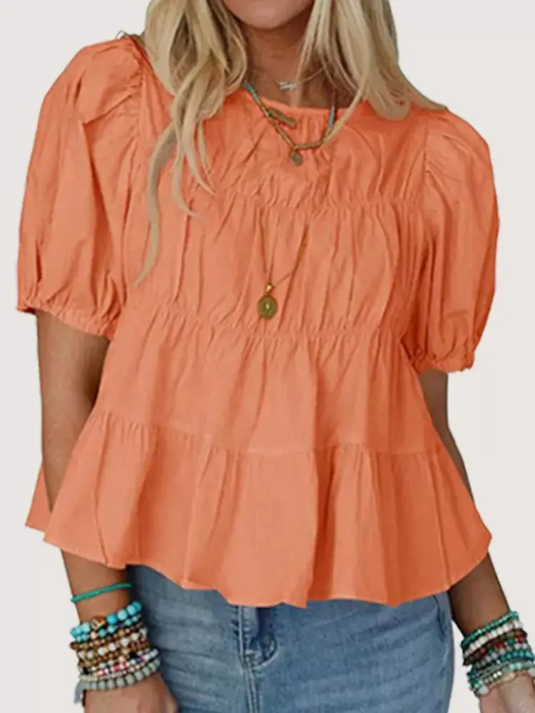 Ruched Tiered Puff Sleeve Blouse