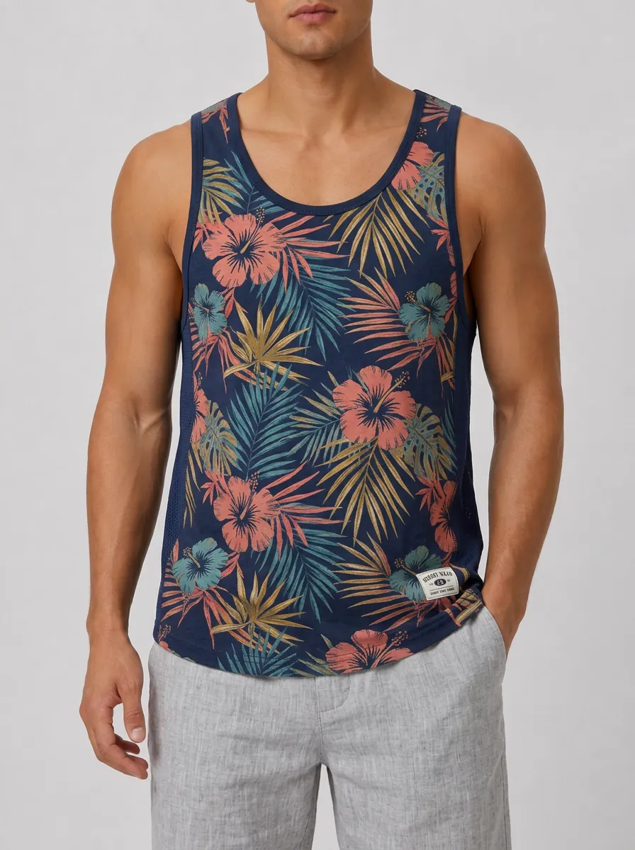 Men's Tropical Summer Hibiscus Palm Leaf Printed Tank Top