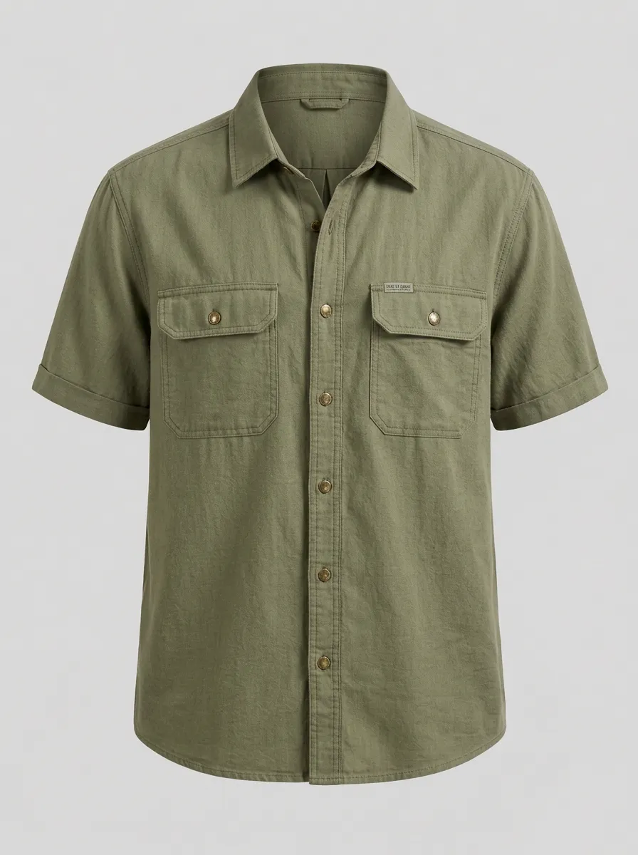 Men's Casual Outdoor Olive Green Button-Down Short Sleeve Shirt