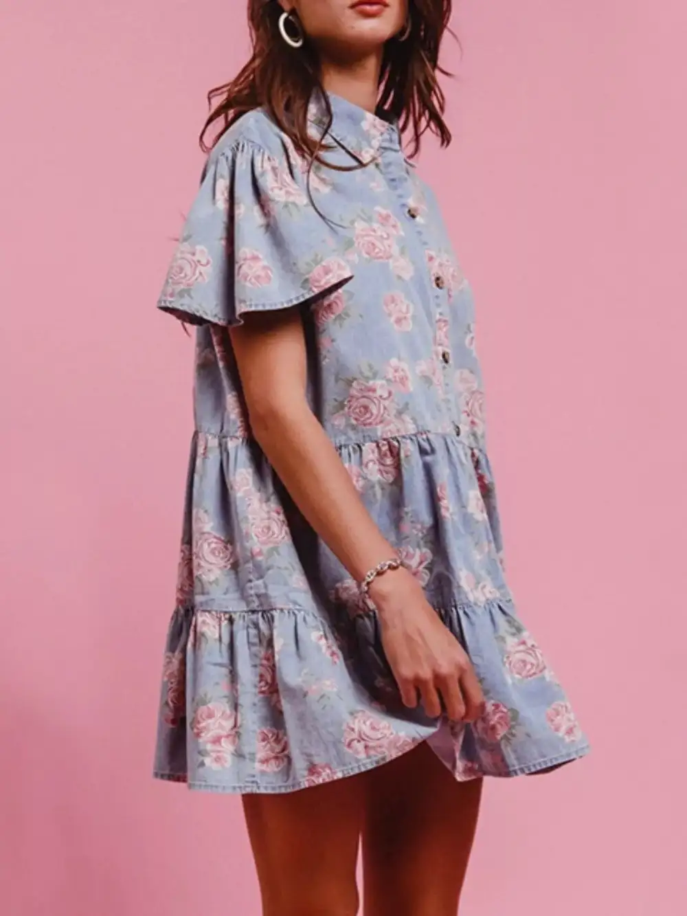 Print Denim Button Down Tiered Mini Dress