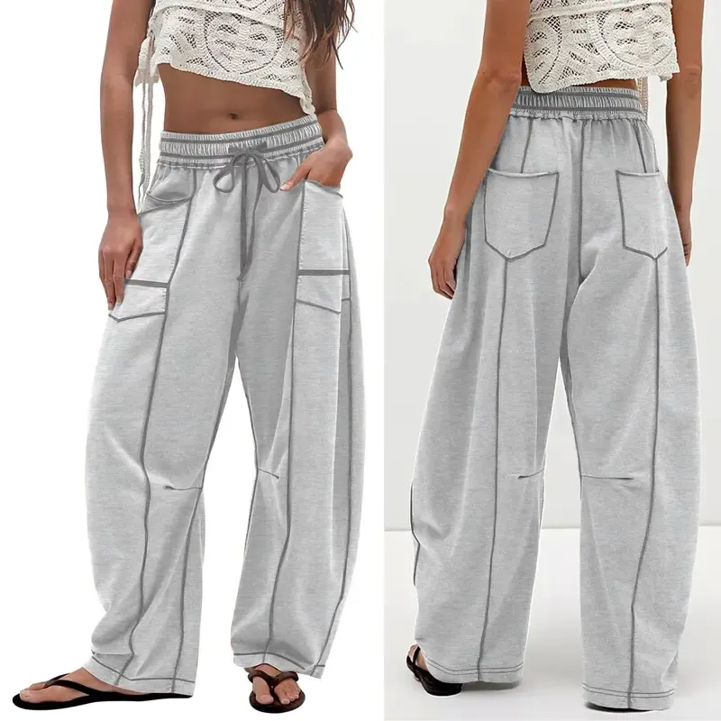 8PACKWomen'S Baggy Barrel Pants Wide Leg LoungeDrawstring Sweatpants With Pockets Minimalist BottomsCasual Style Comfortable Breathable