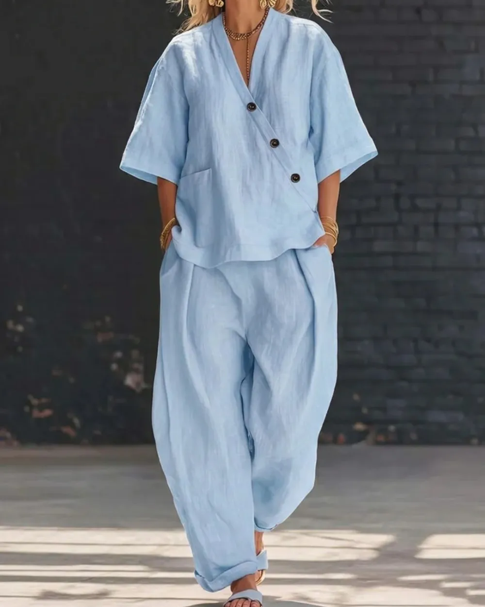Casual Cotton and Linen V-Neck Top and Wide Leg Set