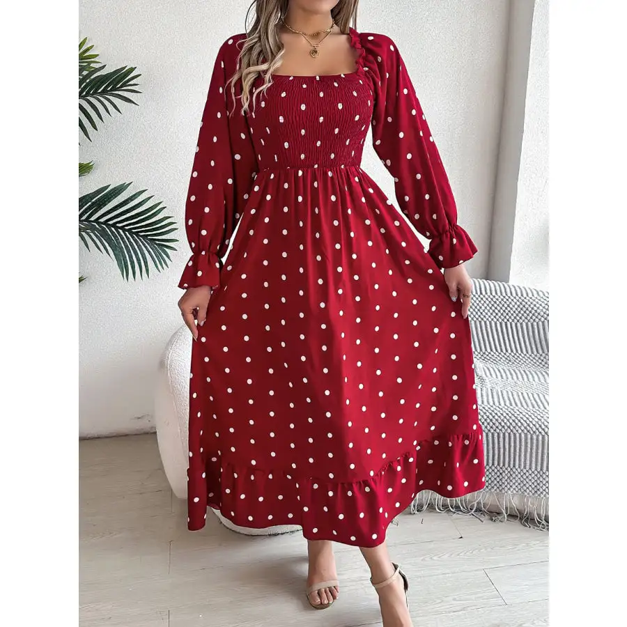 Polka Dot Flounce Sleeve Midi Dress