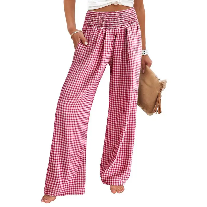 Women's High-Waisted Casual Striped And Checkered Wide-Leg Pants