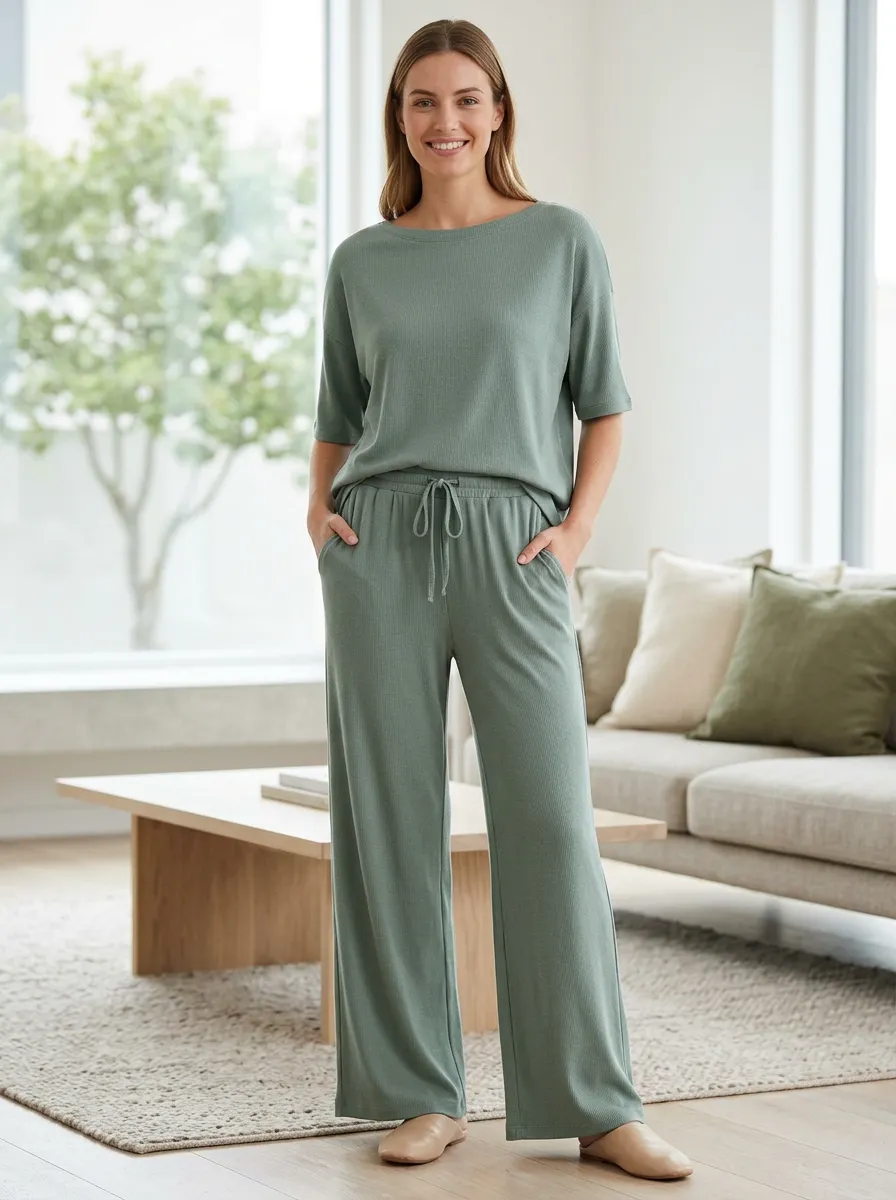 Home Ready Women's Ribbed Knit Wide Leg Lounge Co-Ord