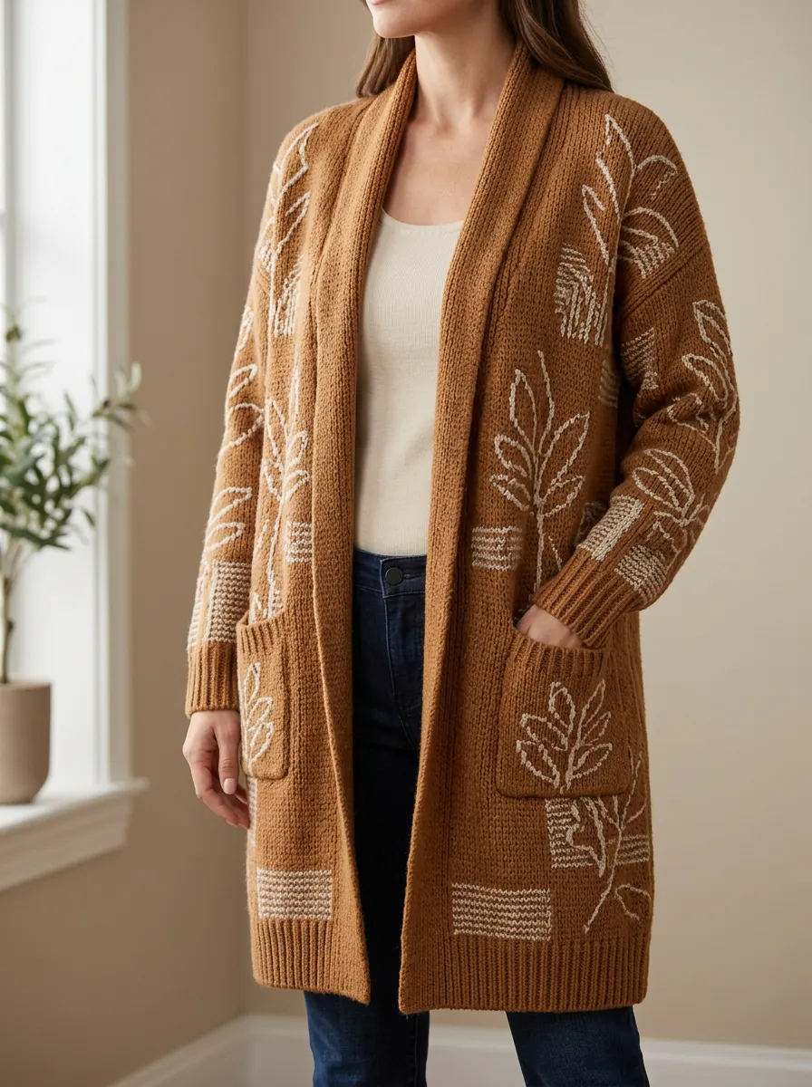 Women's Boho Nature Leaf Pattern Print Knit Long Cardigan