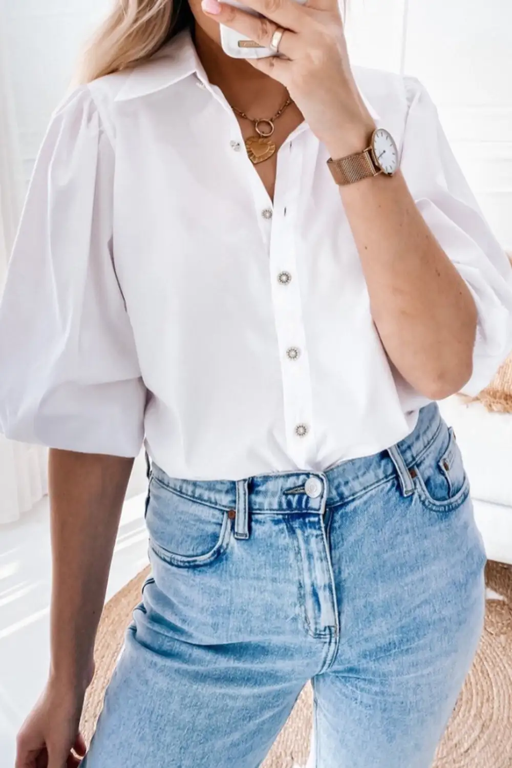 Turn-Down Neck Puff Sleeve Shirt