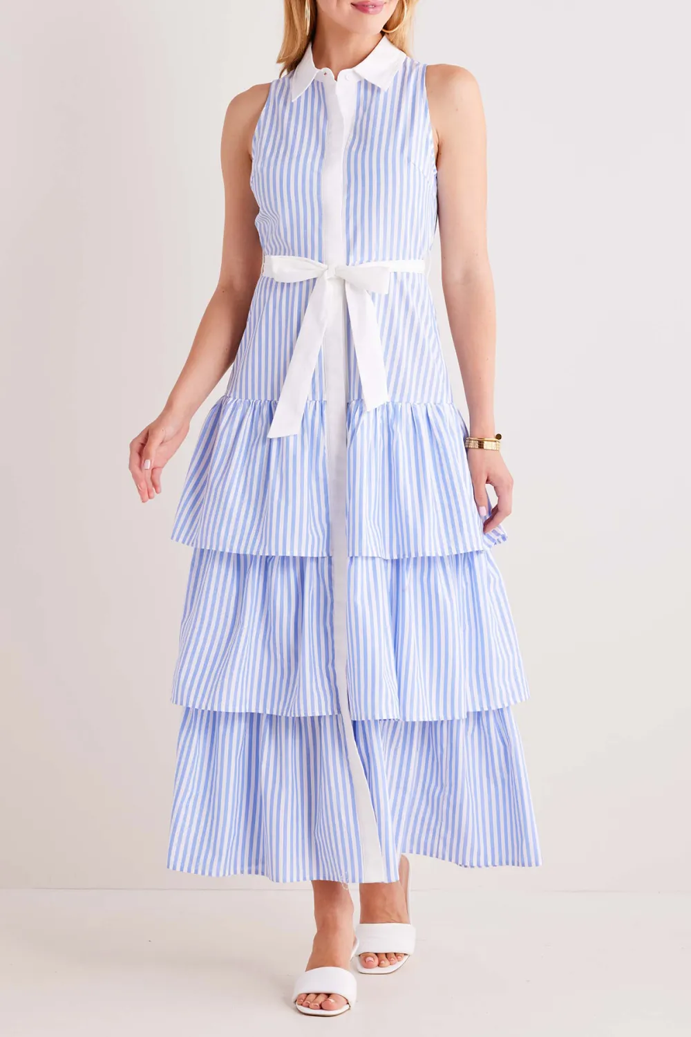 Blue & White Striped Tie-Waist Tiered Dress