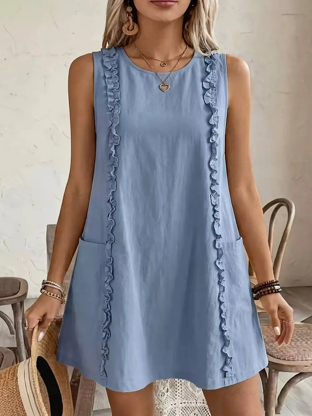 Round Neck Ruffle Sleeveless Dress Casual