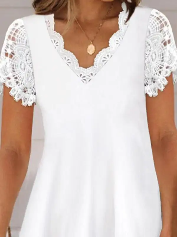 Relaxed Short Sleeve Solid Color Split Joint V Neck Mini Dress