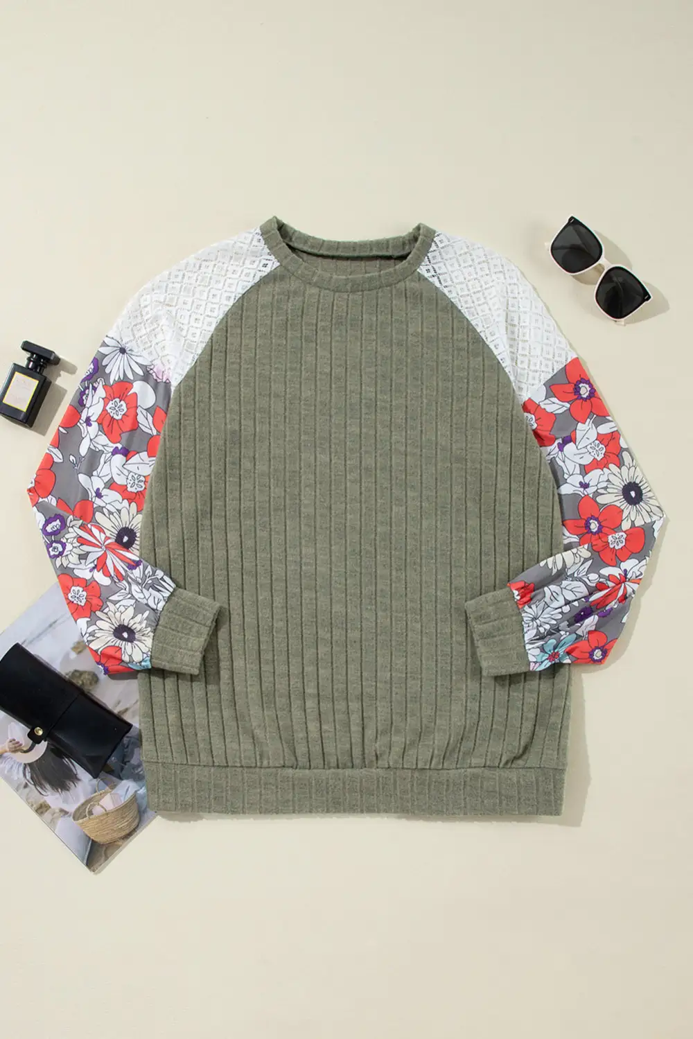 Floral Ribbed Patchwork Blouse