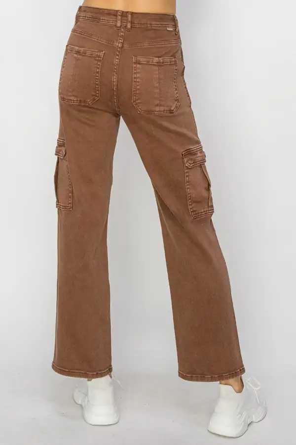 Textured High Waist Cargo Denim Jeans