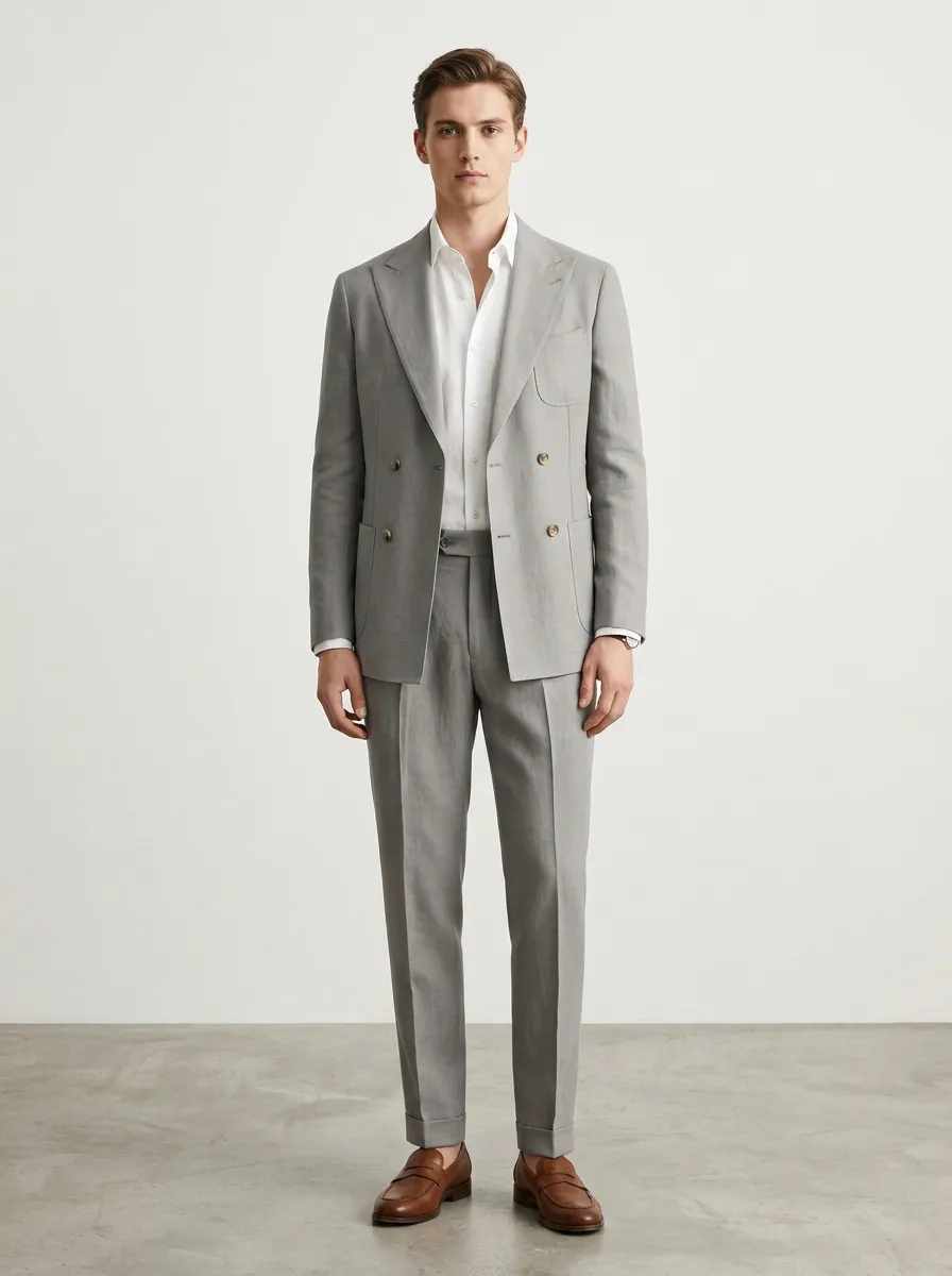 Men's Business Casual Grey Double-Breasted Linen Suit Set