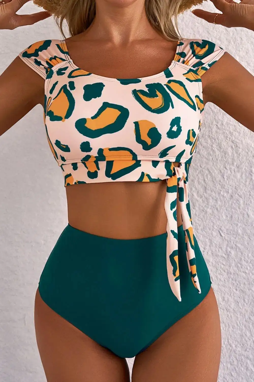 Leopard Print U Neck Knotted Bikini Swim Set