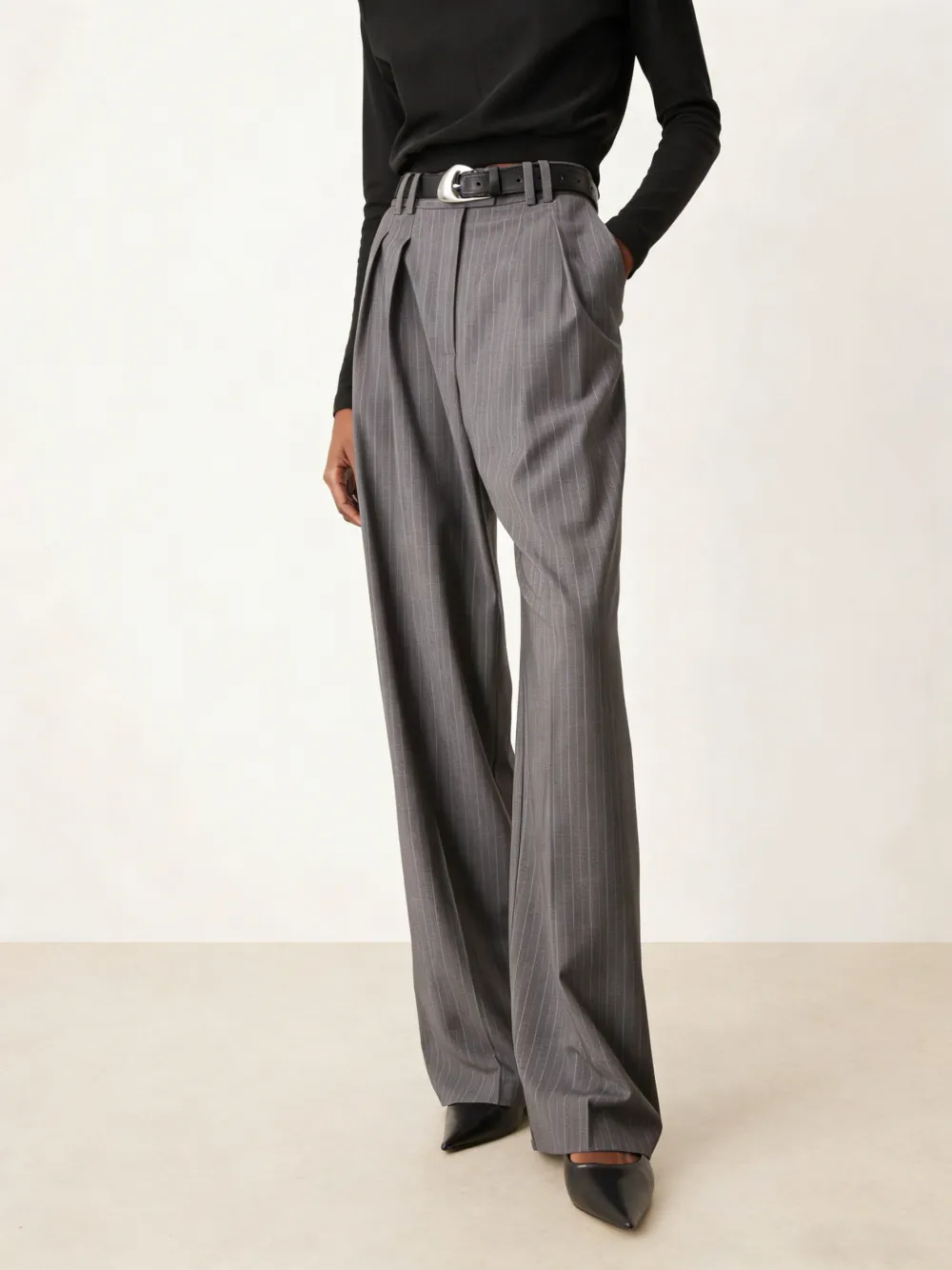Pinstripe Pleated Wide-Leg Pants