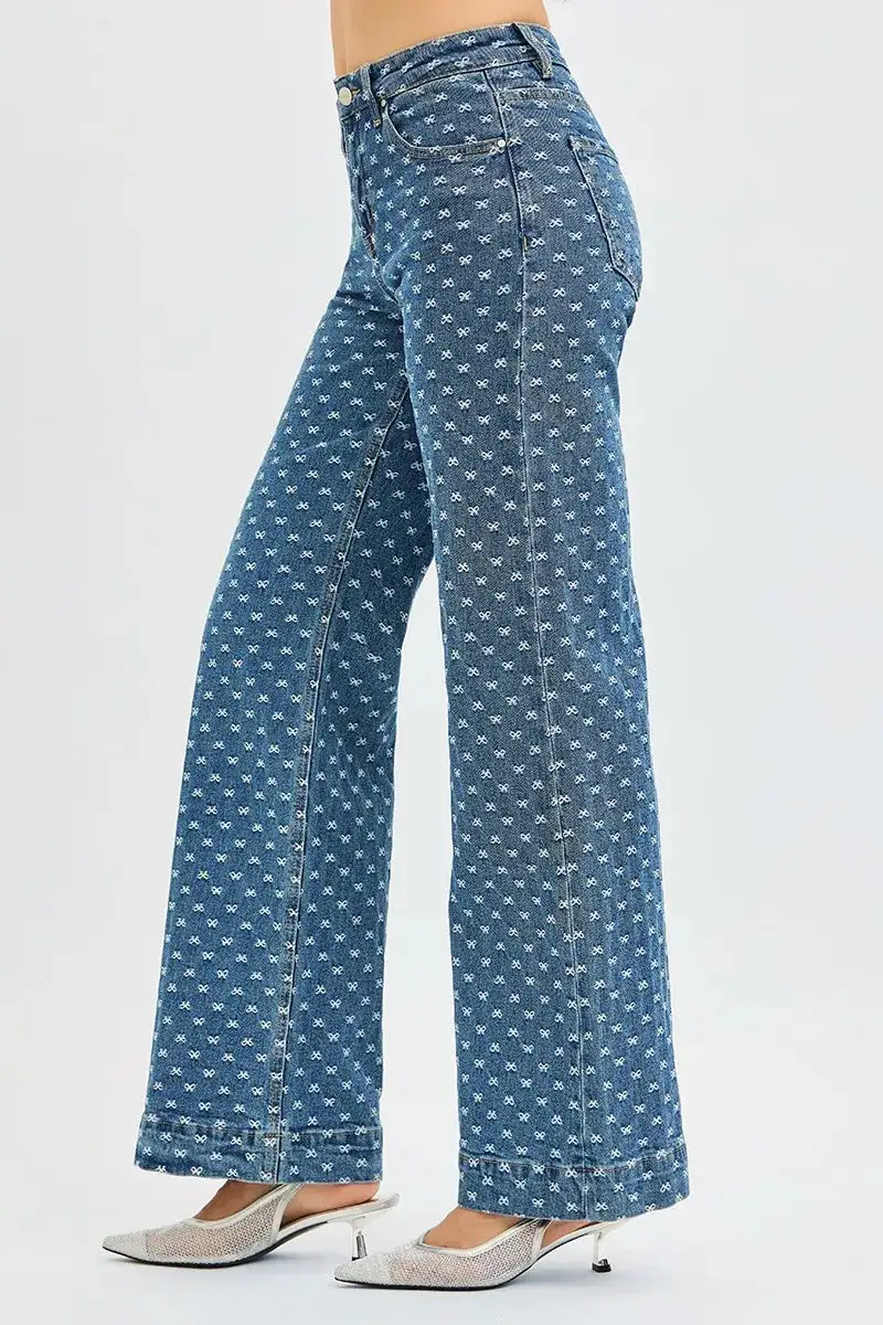 High Rise Bow Detail Embroidered Wide Leg Jeans
