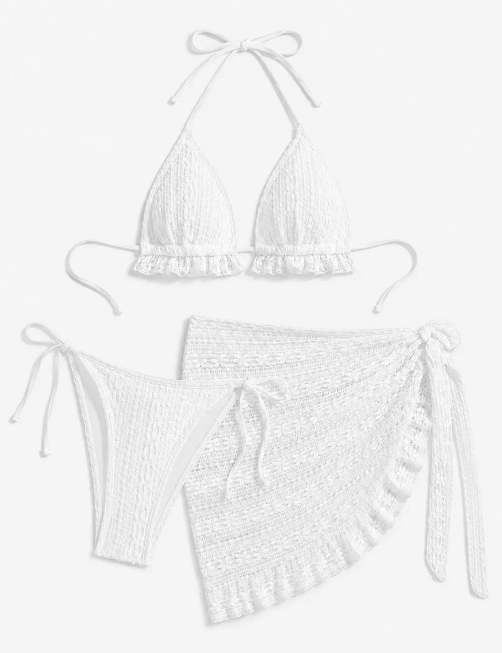 Solid Color Crochet Triangle Bikini Set with Cover Up Skirt