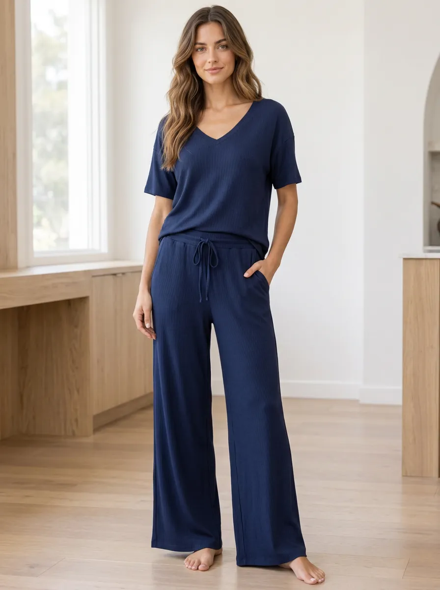 Women's Casual Homewear Ribbed Wide Leg Lounge Co-Ord