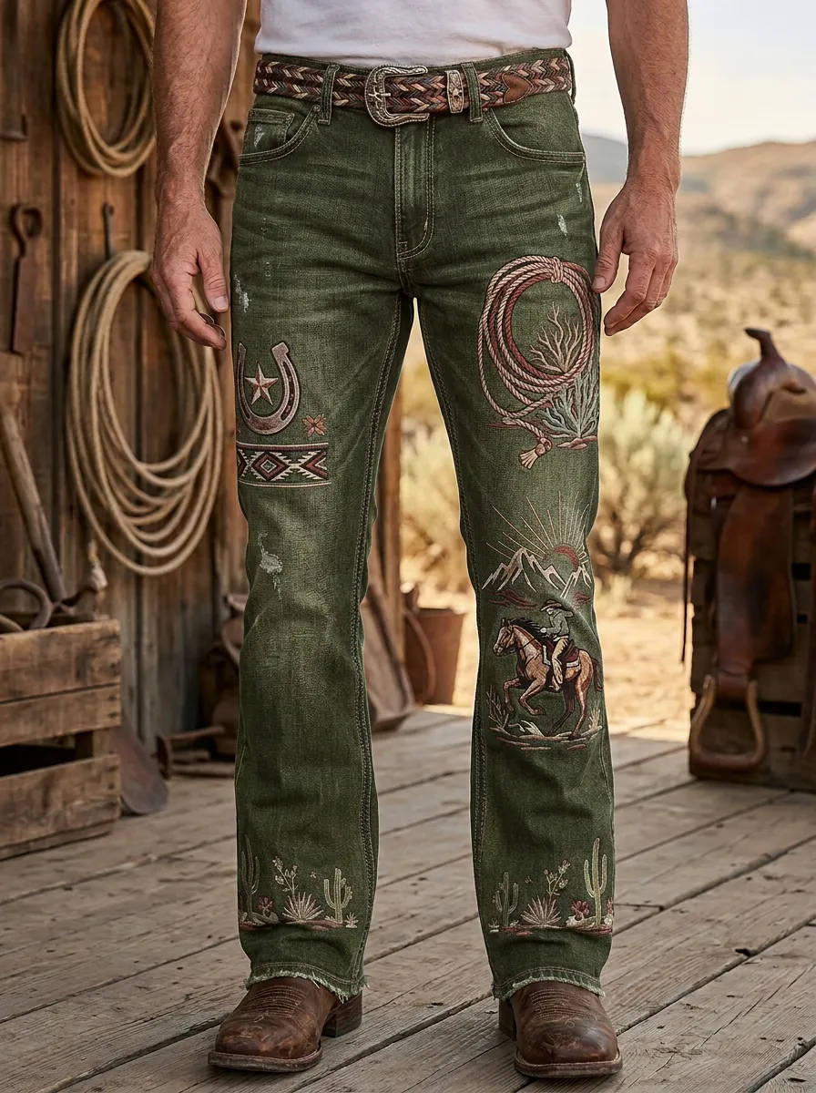 Men's Western Cowboy Horse Horseshoe Cactus Printed Jeans