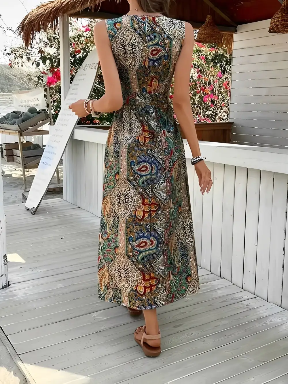 Boho Paisley V-Neck Sleeveless Slit Romper