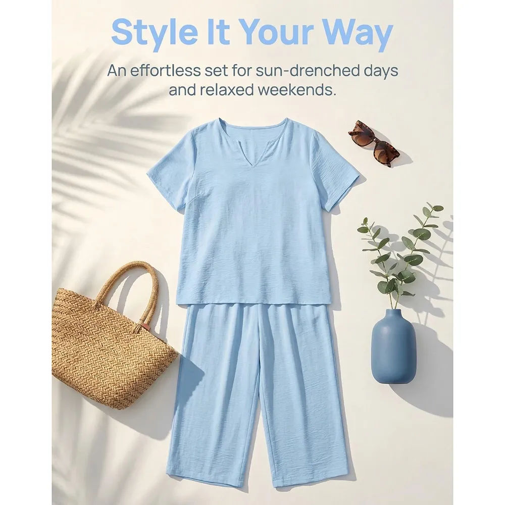 Women's Short Sleeve Fashion Top & Casual Wide Leg Pants Set