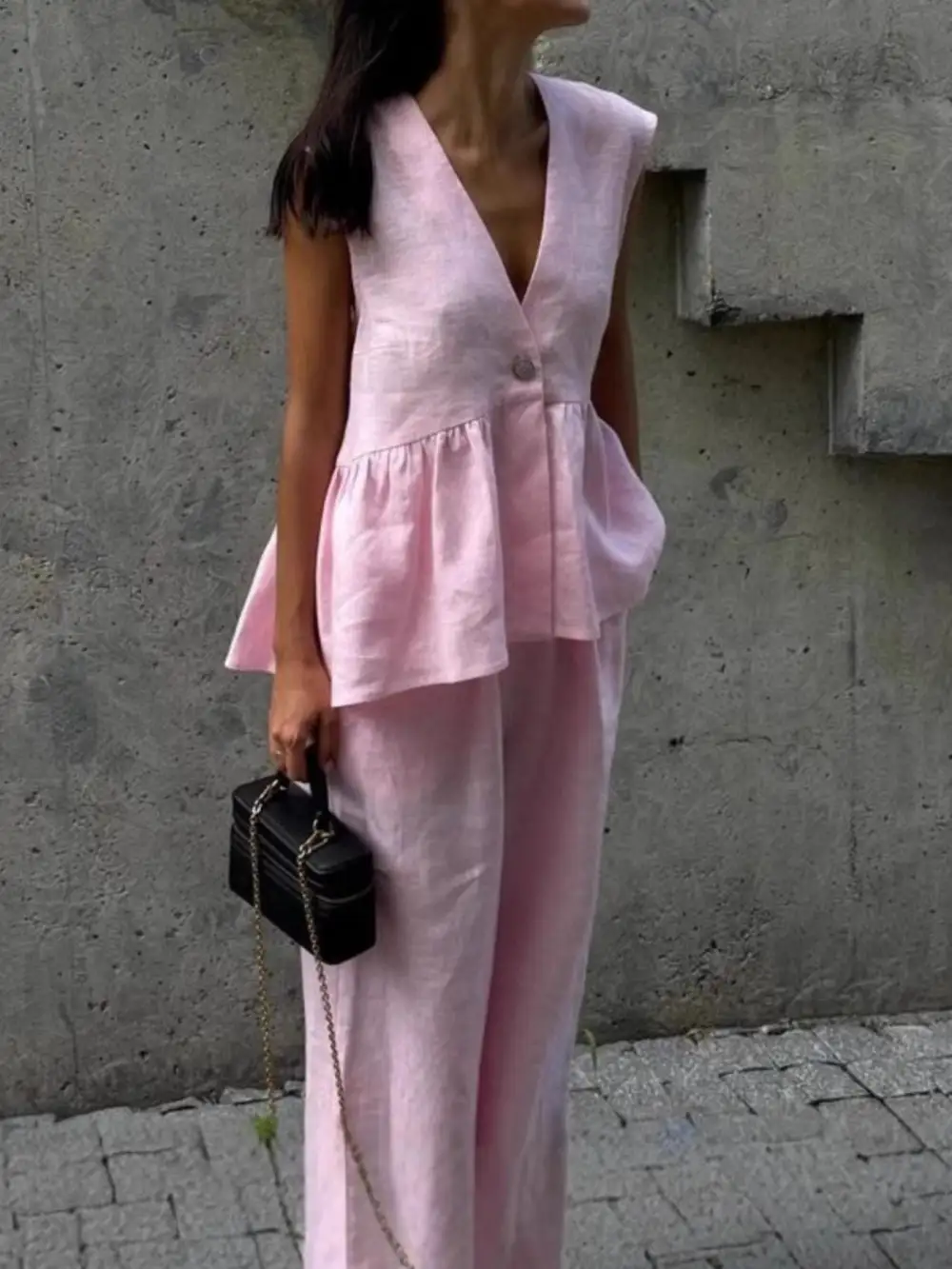 One Button Sleeveless Top and Wide-leg Pants Set