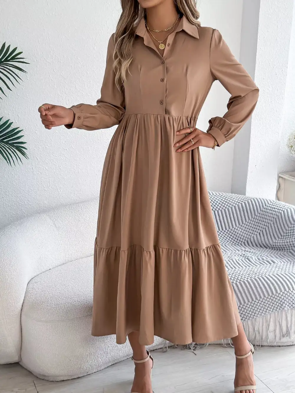 Button Front Tiered Long Sleeve Midi Dress