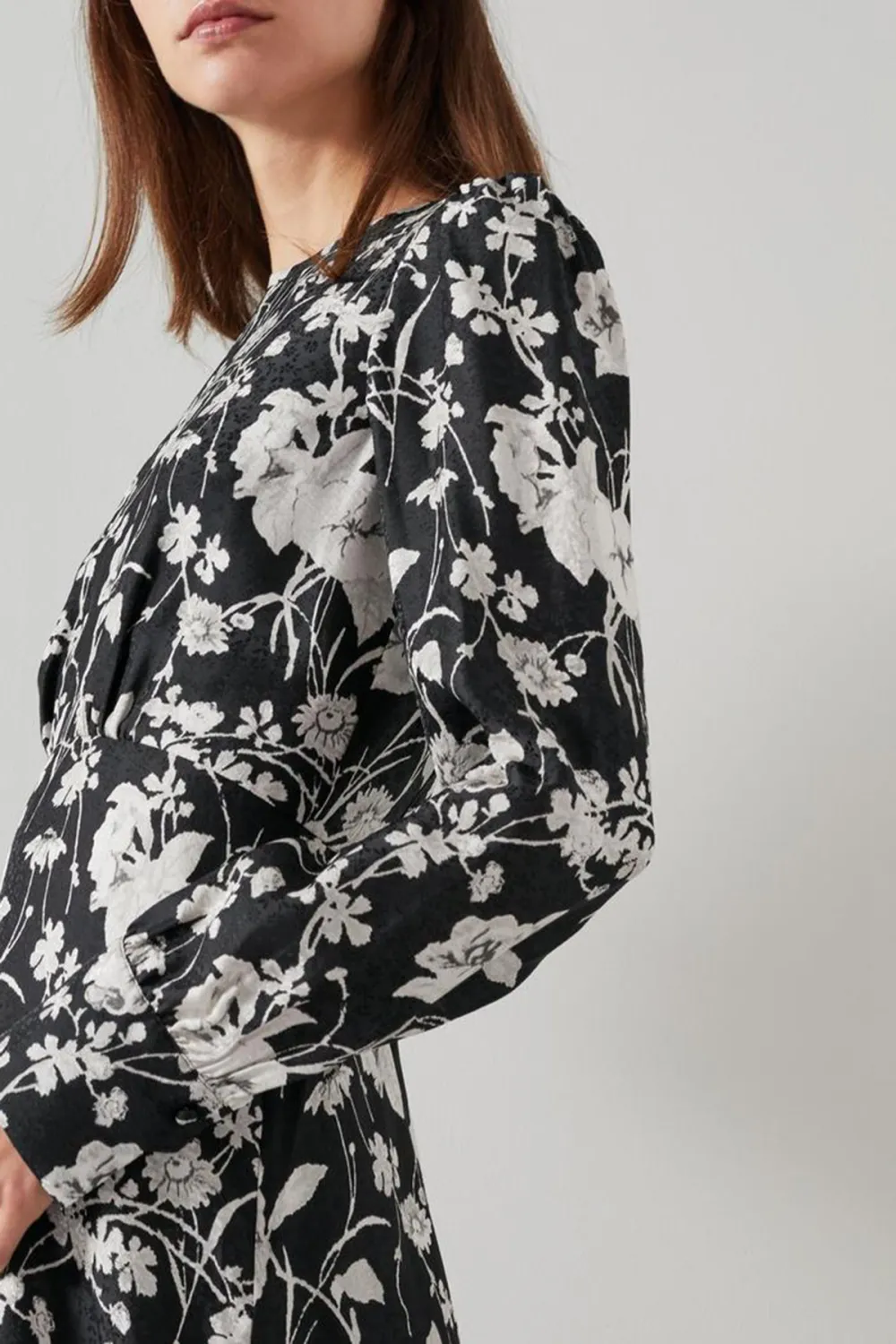 Black White Floral Print Long Sleeve Midi Dress