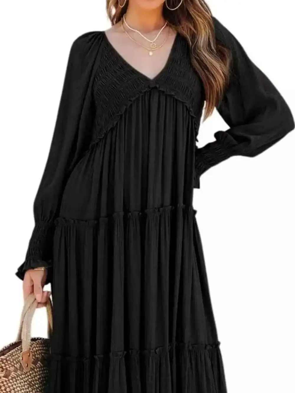 V Neck Tiered Long Sleeve Maxi Dress