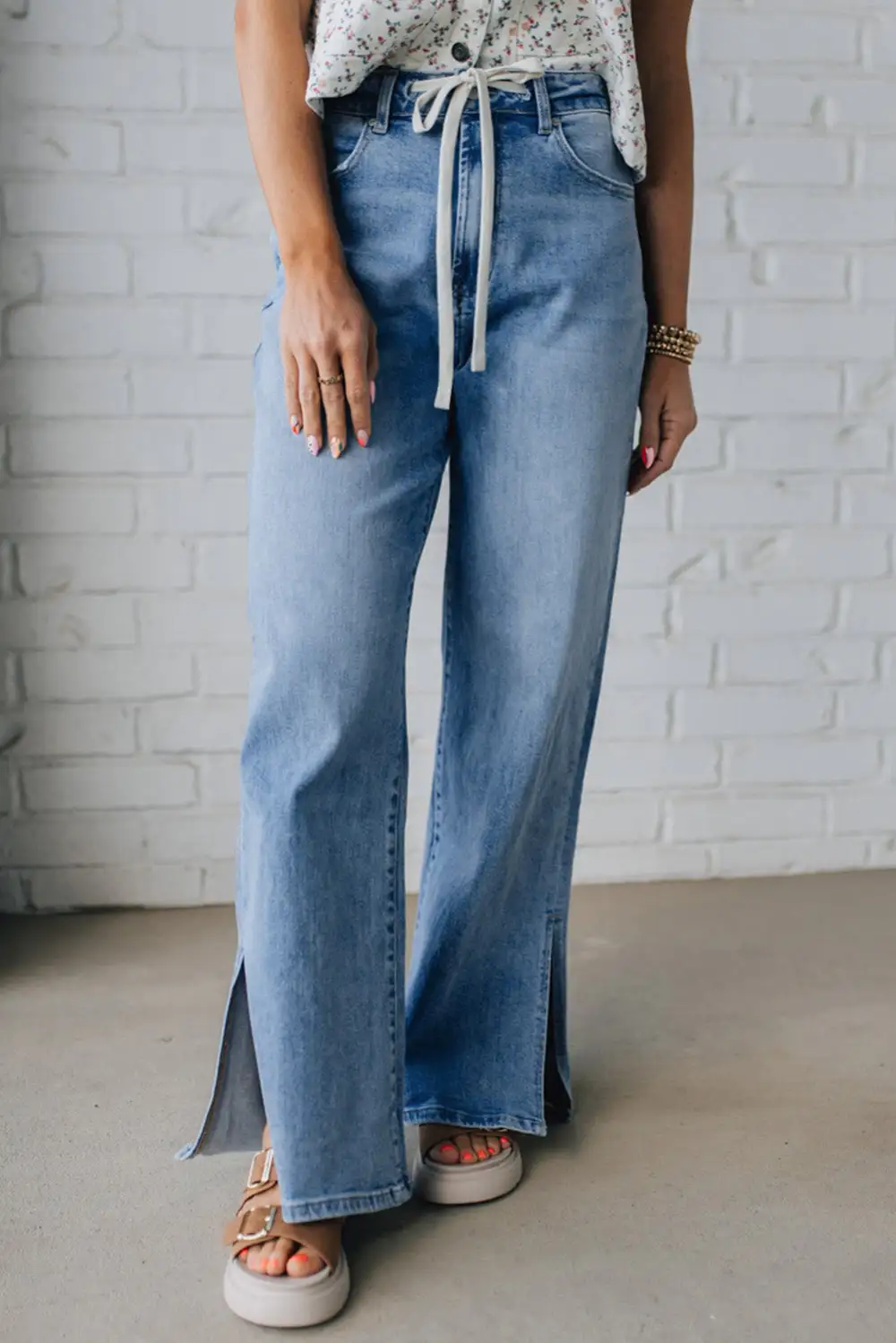 Slit Leg High Rise Drawstring Casual Jeans
