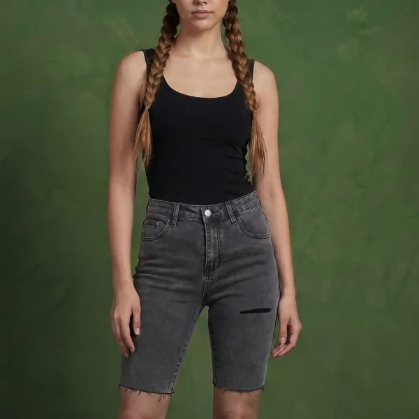 High-Waist Distressed Pocketed Lightweight Denim Shorts