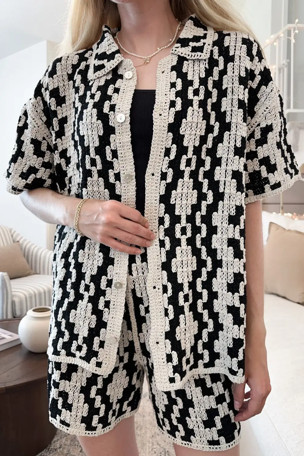 Cotton Crochet Button Front Button Down Shirt