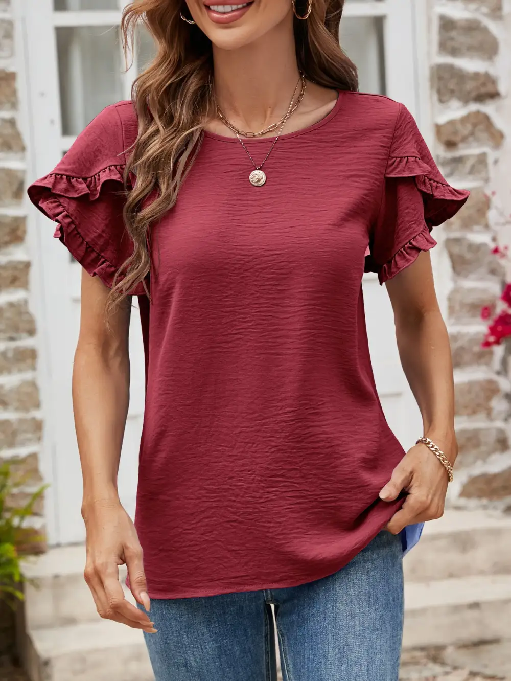 Textured Petal Sleeve Round Neck T-Shirt